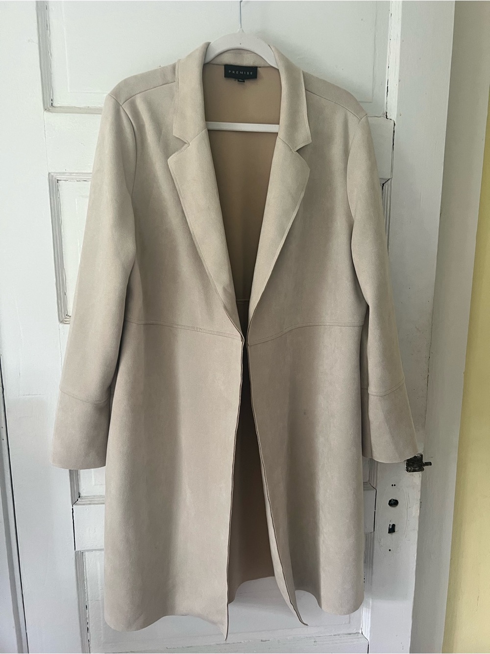 Premise Women's Suede Open Long Coat/Duster with Pockets in Cream (Faux Leather)